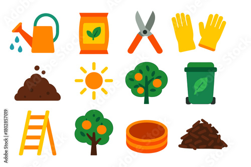 Citrus Tree Care Icons. Flat vector icons of Citrus Tree Care: watering can, fertilizer, pruning shears, gloves, soil, sun, basket