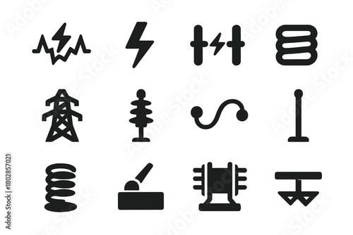 Electrical Icon Set. Solid style icons of Lightning Generation: Electrical Arc, Lightning, Spark Gap, Copper Coil, Tower,