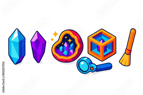Colorful Crystal Collection. Isometric vector illustration set Crystal Enthusiast: raw quartz point, amethyst shard, sparkling