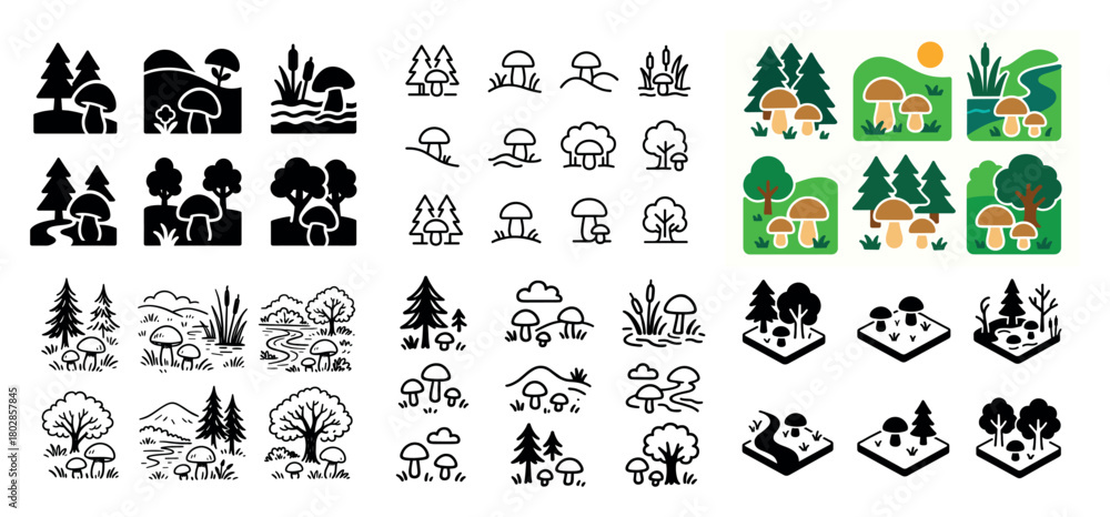 Obraz premium Nature icons: mushrooms and trees