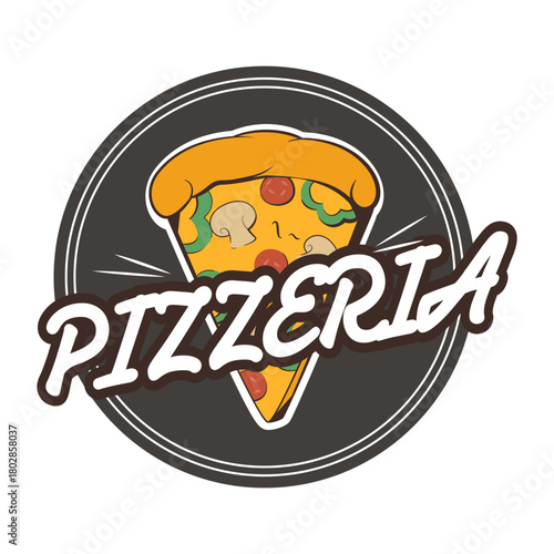 Cartoon-style pizzeria logo featuring a colorful pizza slice with toppings inside a dark circle and bold text, on a white background. Vector illustration
