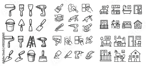 Home renovation tools and furniture icons