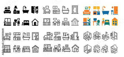 Home icon set: furniture and rooms