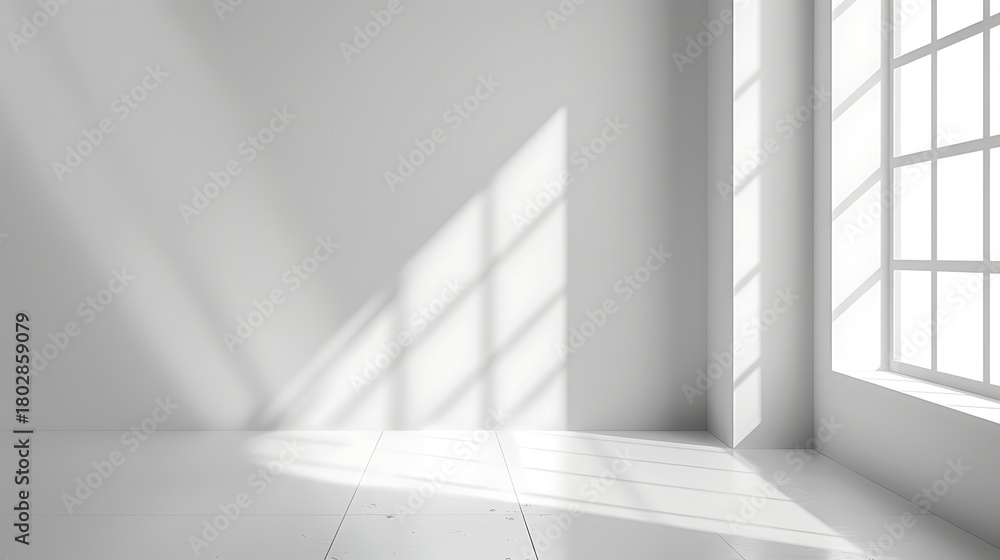 Fototapeta premium Bright room corner with light streaming through window casting shadows on the white wall and floor