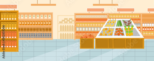 Supermarket interior with food shelves and fresh produce stand, flat style on light background. Concept of grocery shopping. Vector illustration