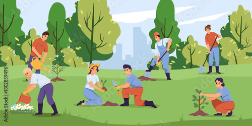 Group of diverse people gardening in park, flat graphic style, with trees and city skyline background. Concept of teamwork and environment care. Vector illustration