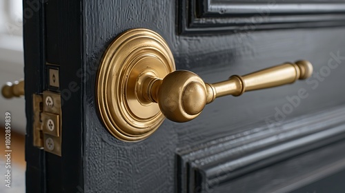 Close up of a golden door handle on a dark painted door showing the lock mechanism and door frame details
