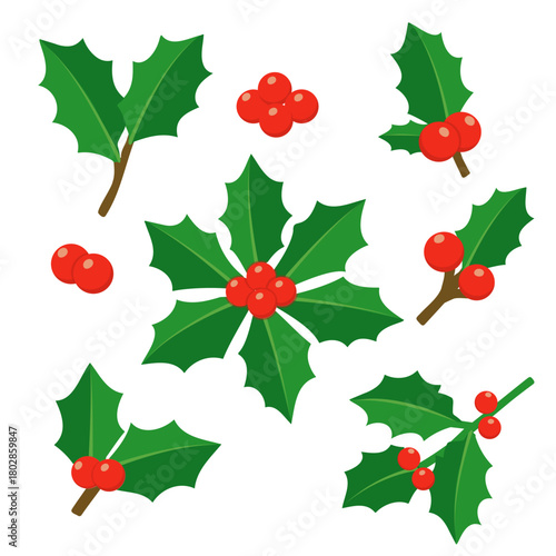 Flat vector set of Christmas holly branches, individual leaves, and bright red berries, isolated on a white background. Essential collection for creating festive holiday patterns, greeting cards, wint