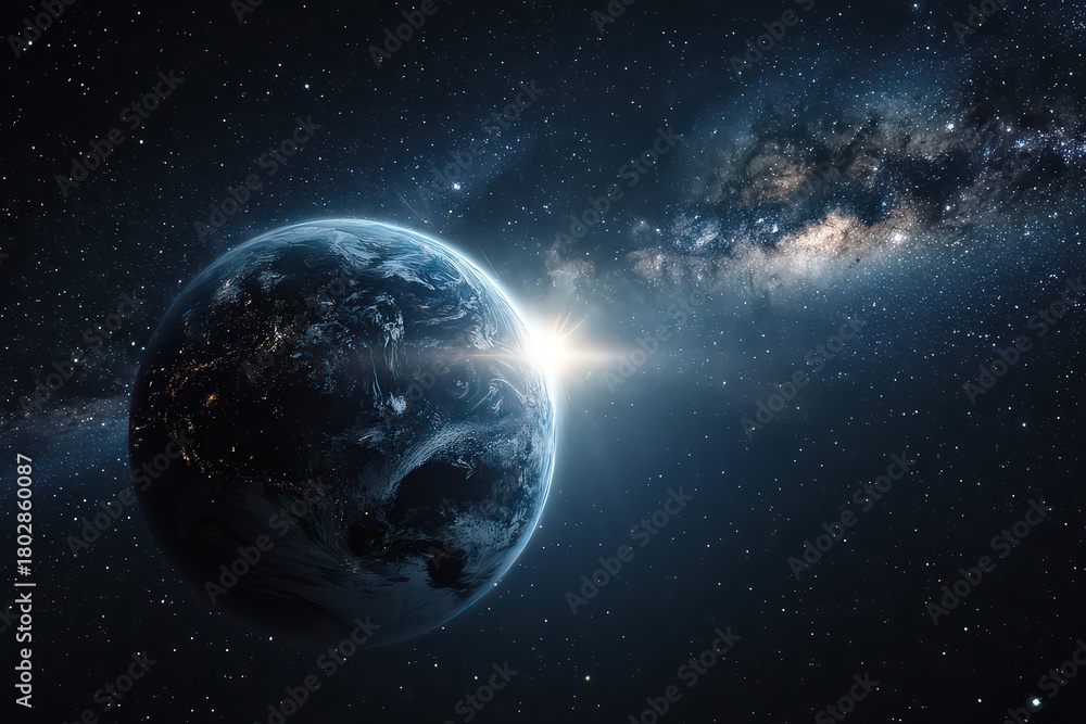 Obraz premium Blue Planet with City Lights at Sunrise Against Starry Galaxy Backdrop in Deep Space