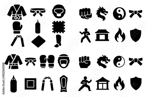 Martial arts equipment and symbols icons