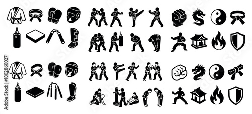Martial arts icons and symbols set