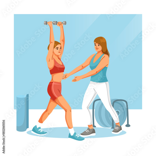 Female trainee lifting dumbbells with support from a personal trainer, flat graphic style, gym background, concept of fitness and training. Vector illustration