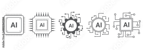 Artificial intelligence outline icons: AI neural brain, data algorithms, generative automation, cloud networks, circuits, collaboration, devices—clean technology vector, editable stroke