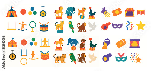 Colorful circus icons and symbols