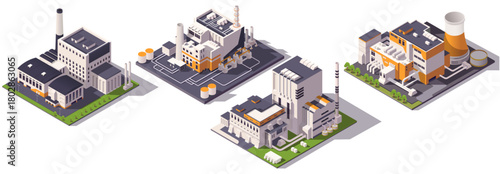 Set of isometric industrial factory buildings with chimneys and storage tanks, modern graphic style on white background. Concept of industry. Vector illustration