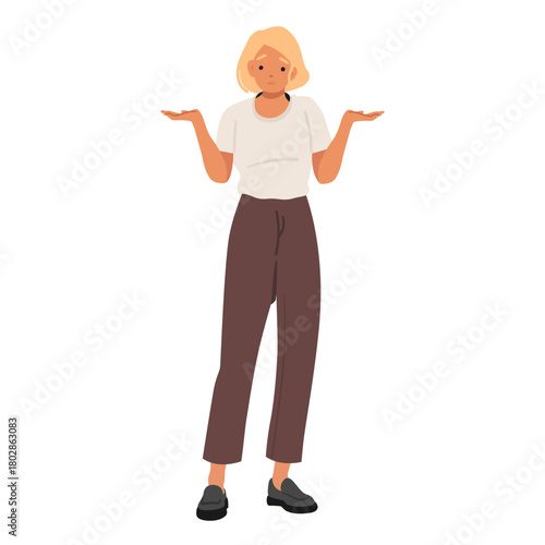 Adult woman showcasing confusion on face spreading arms wide standing isolated on white background