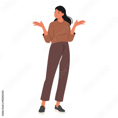 Puzzled confused woman spreading arms aside feeling confused in uncertainty and indecision