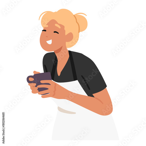 Happy smiling woman cartoon character wearing cook apron drinking coffee isolated on white