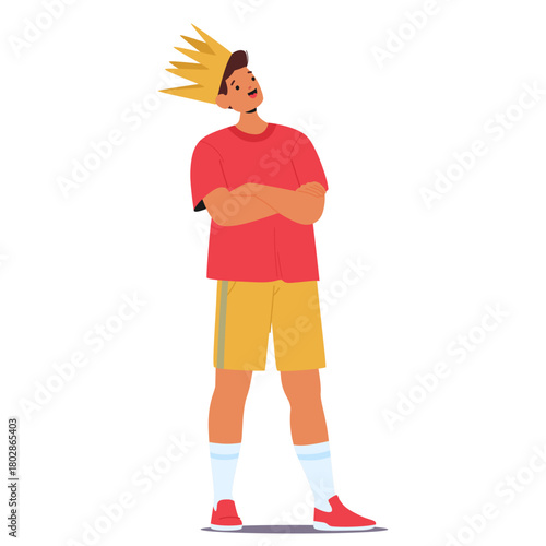 Teenage boy child cartoon character wearing golden crown standing isolated on white background