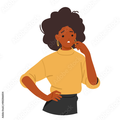 Trendy fashion lady cartoon character having dilemma feeling confused in uncertainty and indecision