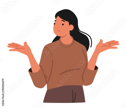 Puzzled emotional woman frowning face in confusion making choice uncertainty spreading arms wide