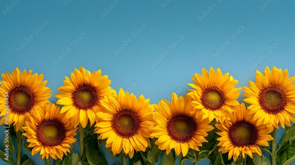 Obraz premium Vibrant yellow sunflowers in a row against clear blue sky background, creating a cheerful summer scene for greeting cards or seasonal designs.