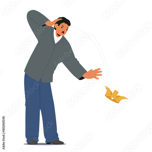 Angry unhappy man cartoon character loosing his golden crown screaming feeling panic and rage