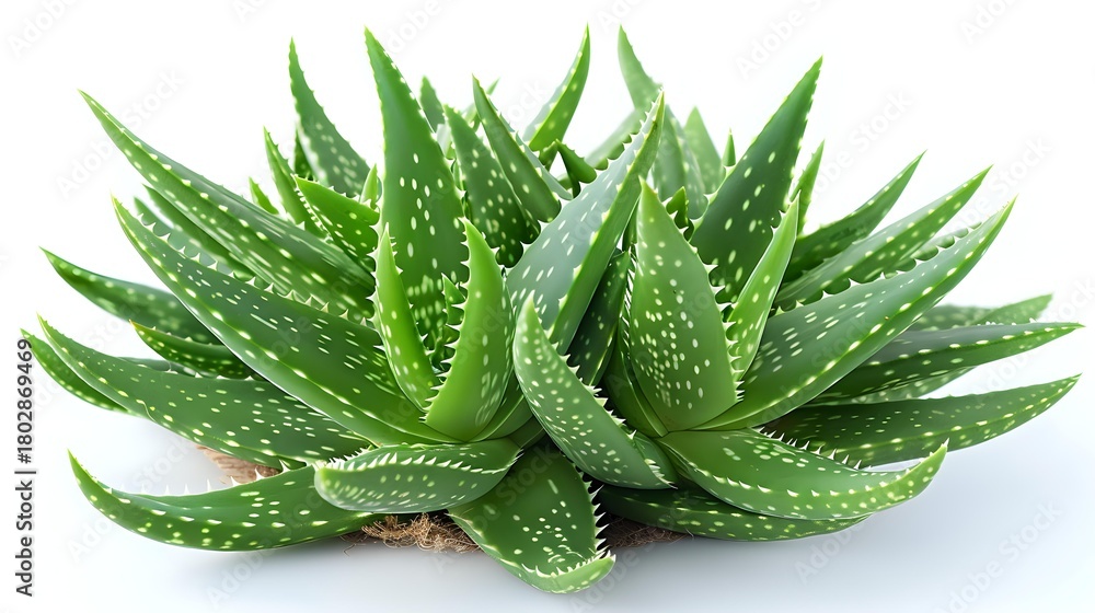 Fototapeta premium Fresh aloe vera plant with spiky green leaves featuring white spots, grown for medicinal skincare and home remedies.