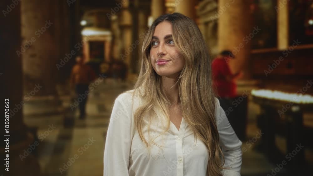 custom made wallpaper toronto digitalWoman bare arms stands with slight smile gazing sideways in historic catholic church interior; serenity faith devotion spirituality.