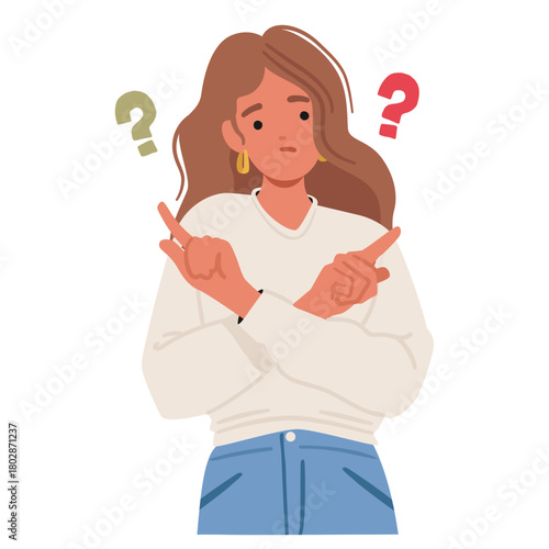 Confused woman character choosing between answers to two questions making decision right or left