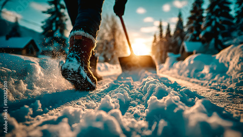 Homme déblayant la neige sur la route avec une pelle