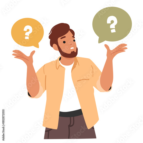 Overwhelmed confused man character pondering thinking looking for alternatives solution to answer