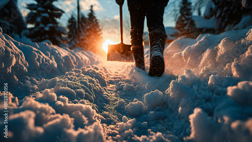 Homme déblayant la neige sur la route avec une pelle