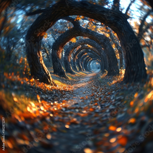 An enchanting autumn path winds through a dreamlike forest tunnel, adorned with golden and orange foliage under soft, ethereal light, inviting serene exploration