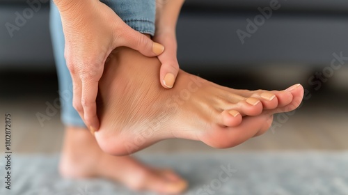 An adult woman gently presses her ankle, feeling discomfort in her foot, while seated in a cozy indoor space