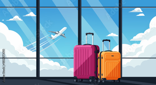 Airport Luggage with Airplane Taking Off Illustration Travel Adventure