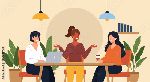 Three women sitting at a table in a cafe, talking and working. The illustration depicts a modern office