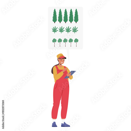 Woman professional landscape designer cartoon character selecting plants for environmental project