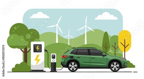 A green electric car at a charging station powered by renewable energy from wind turbines in a rural landscape vector illustration
