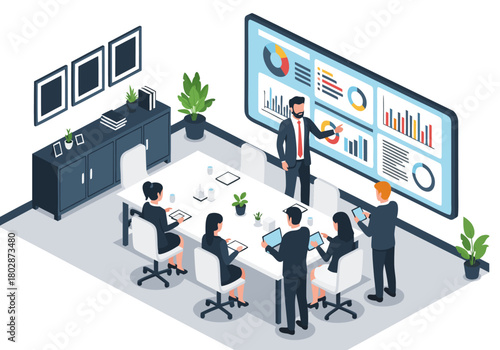 Isometric illustration of a business meeting, with a presenter explaining data analytics on a large screen to a collaborative team in a modern office environment