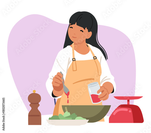 Happy woman cartoon character preparing delicious healthy food on dinner at home kitchen scene