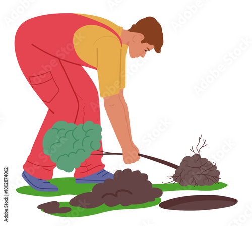 Man gardener professional cartoon character planting trees seedlings isolated on white background