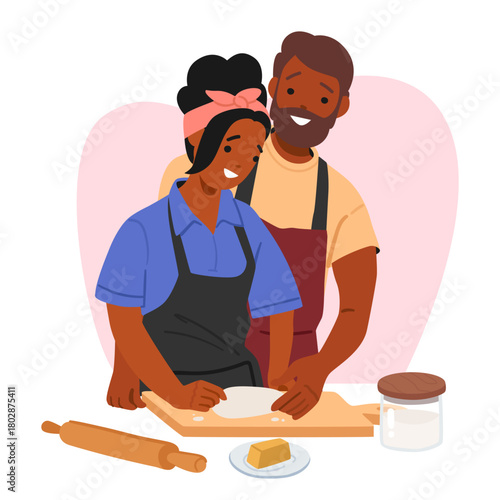 Happy married family couple baking together at home kitchen enjoying domestic bliss cartoon scene