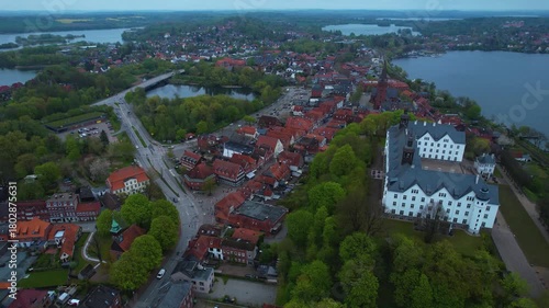 Aerial view of the old town city Plön in Germany on a cloudy spring day