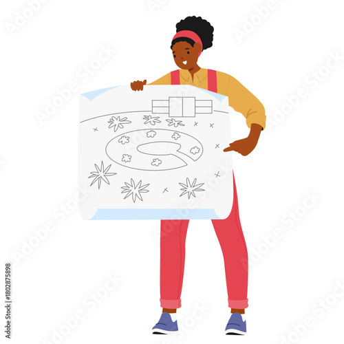 Woman landscape designer character presenting blueprints with environmental beautification project