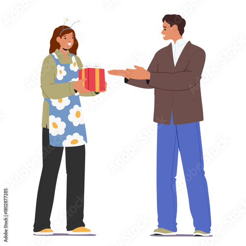 Saleswoman giving ready wrapped gift box prepared for party to satisfied customer isolated on white