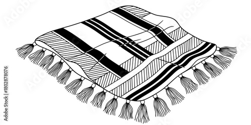 Cozy Blanket Geometric Pattern and Tassels Flat Vector