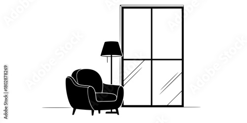 Cozy Armchair Window Minimalist Interior Scene Flat Vector