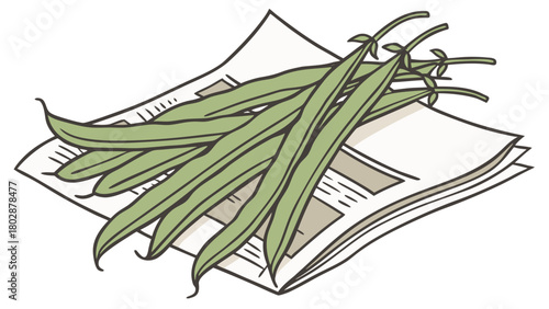 Fresh string beans on newspaper for cooking and recipe preparation. Raw string beans displayed on crumpled newspaper for culinary uses and recipe ideas.