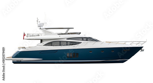 Luxury motor yacht, with white superstructure and blue hull docked, isolated on transparent background. PNG